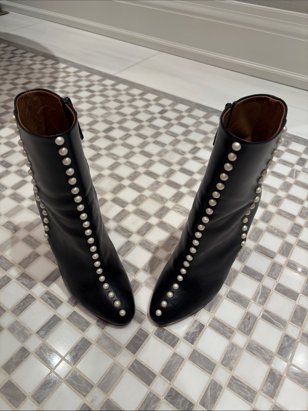 Aquazzura Black Leather Ankle Boots with Pearl Trim